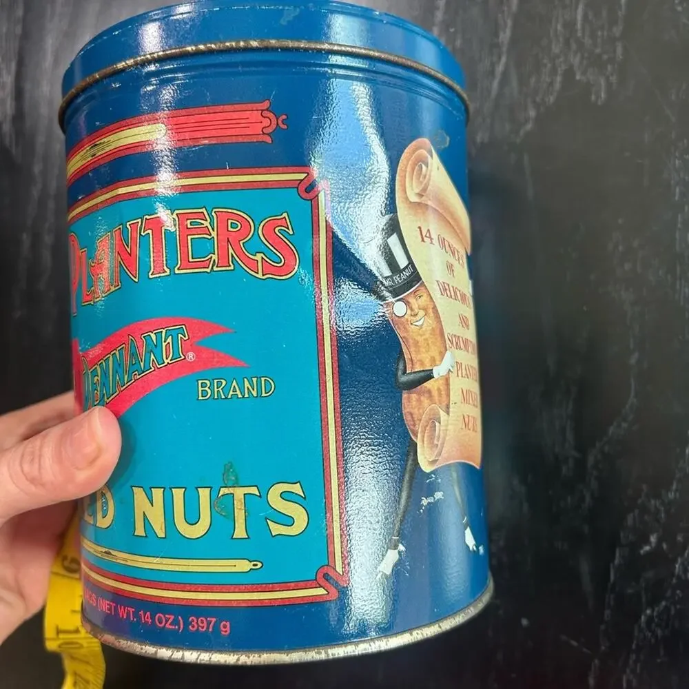 Blue Decorative Tin- Retro Mr. Peanut Planters- 6.75x5